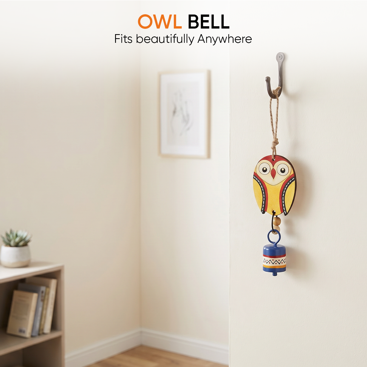 Owl Wind Chime with Metal Bell, Yellow and Blue