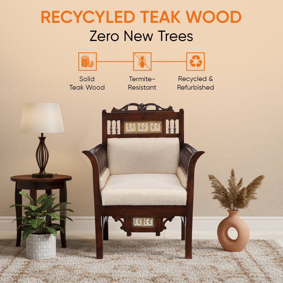 Maharaja Single Seater Sofa in Teakwood with Walnut Finish adorned with Dhokra Brass Frames (30x26x38)