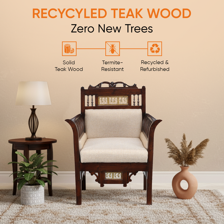 Maharaja Single Seater Sofa in Teakwood with Walnut Finish adorned with Dhokra Brass Frames (30x26x38)