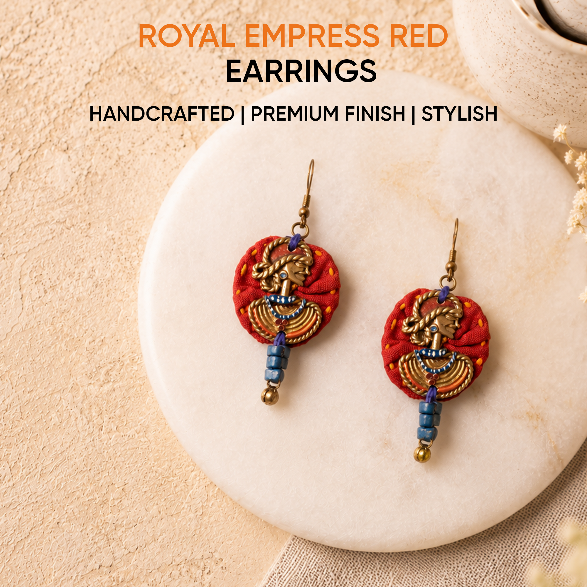 The Royal Empress Handcrafted Tribal Dhokra Round Earrings in Red