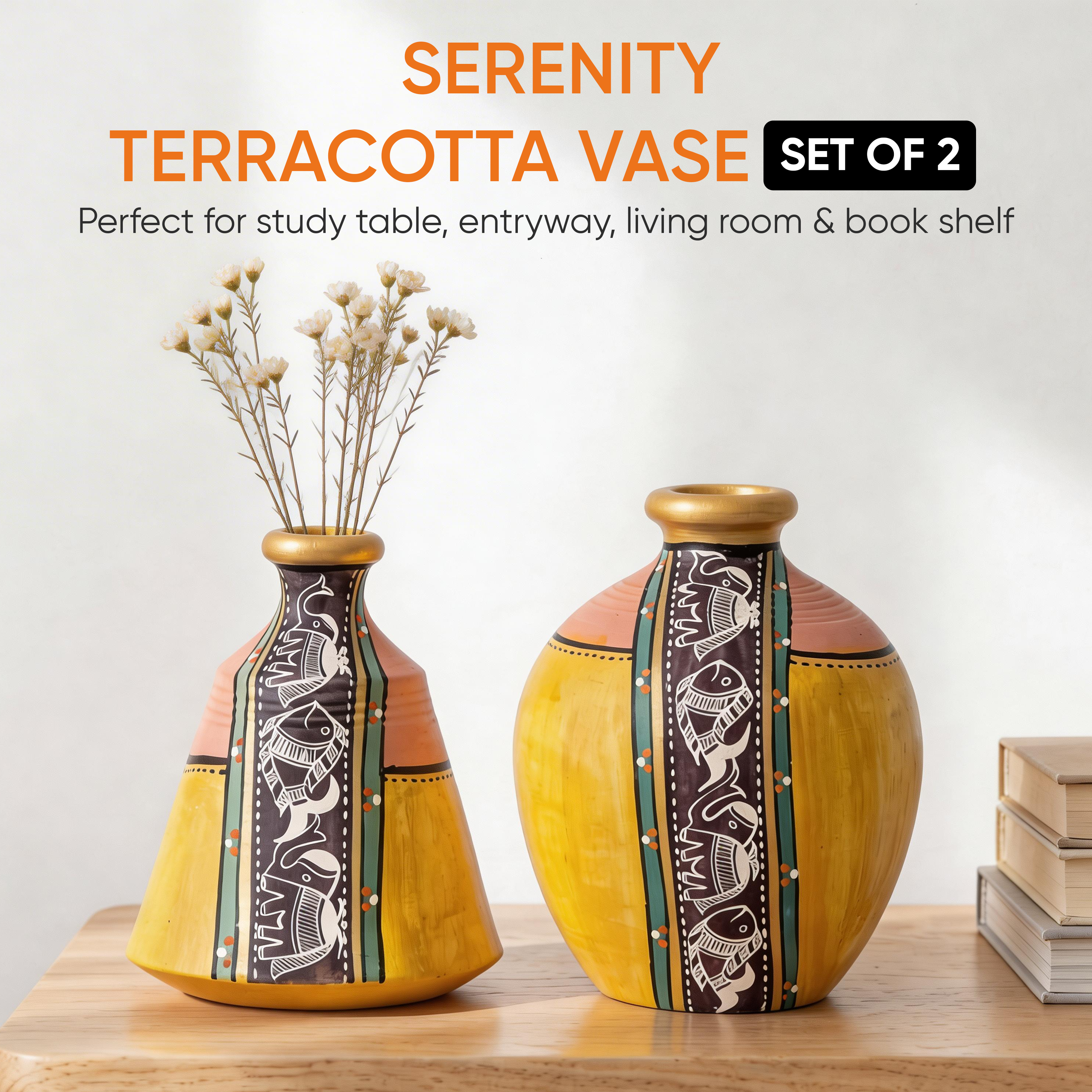 Vase Earthen Yellow Madhubani (Set of 2) (4x3.5/5x3.6)