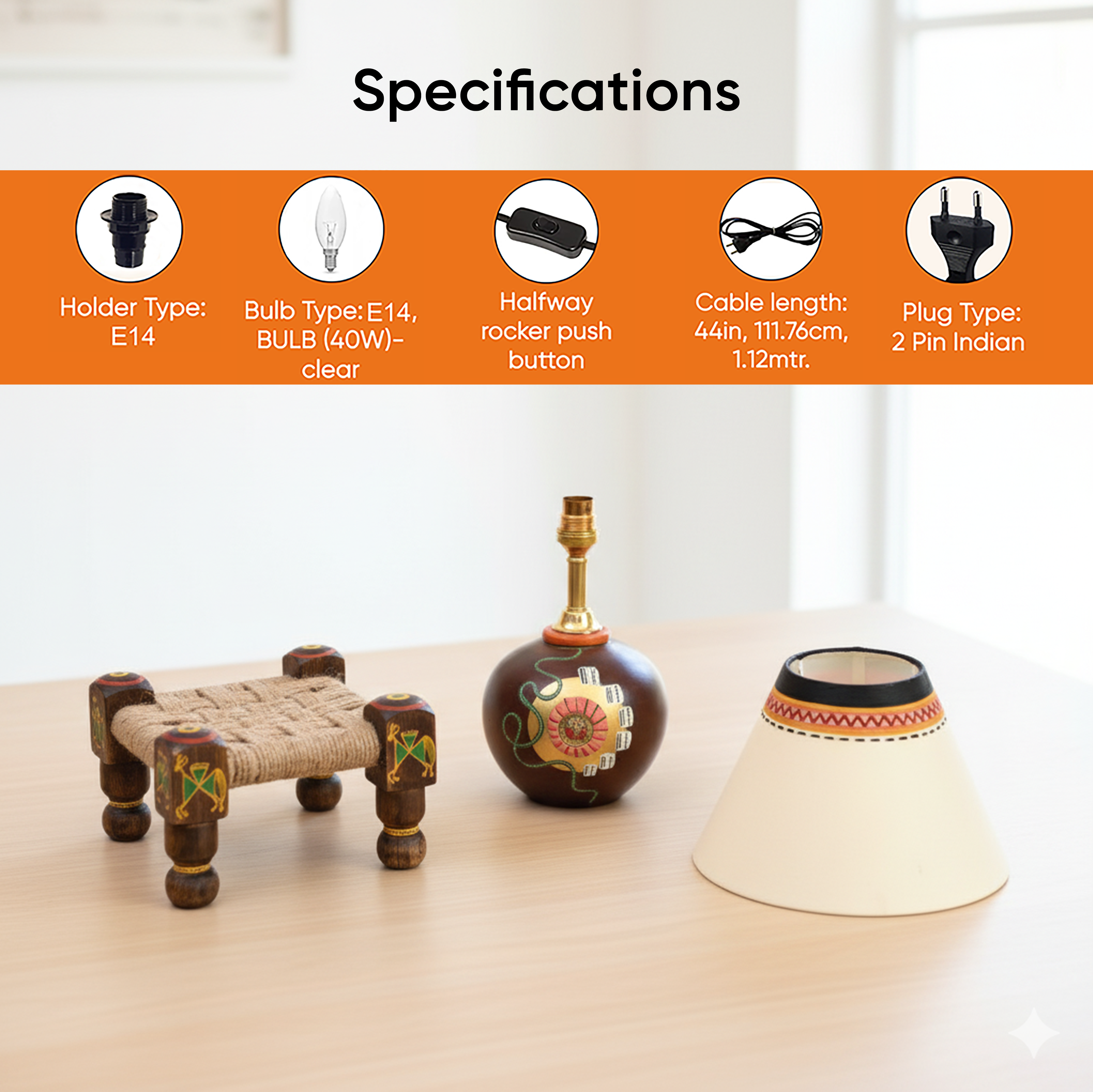 Table Lamp Earthen in Brown Color on Jute Wooden Manji Handcrafted with White Shade (8x8x17)