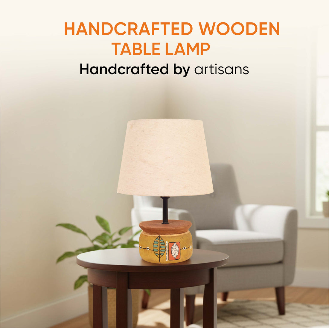 Handcrafted Wooden Table Lamp with Round Base and Fabric Shade, Decorative Bedside and Living Room Lighting