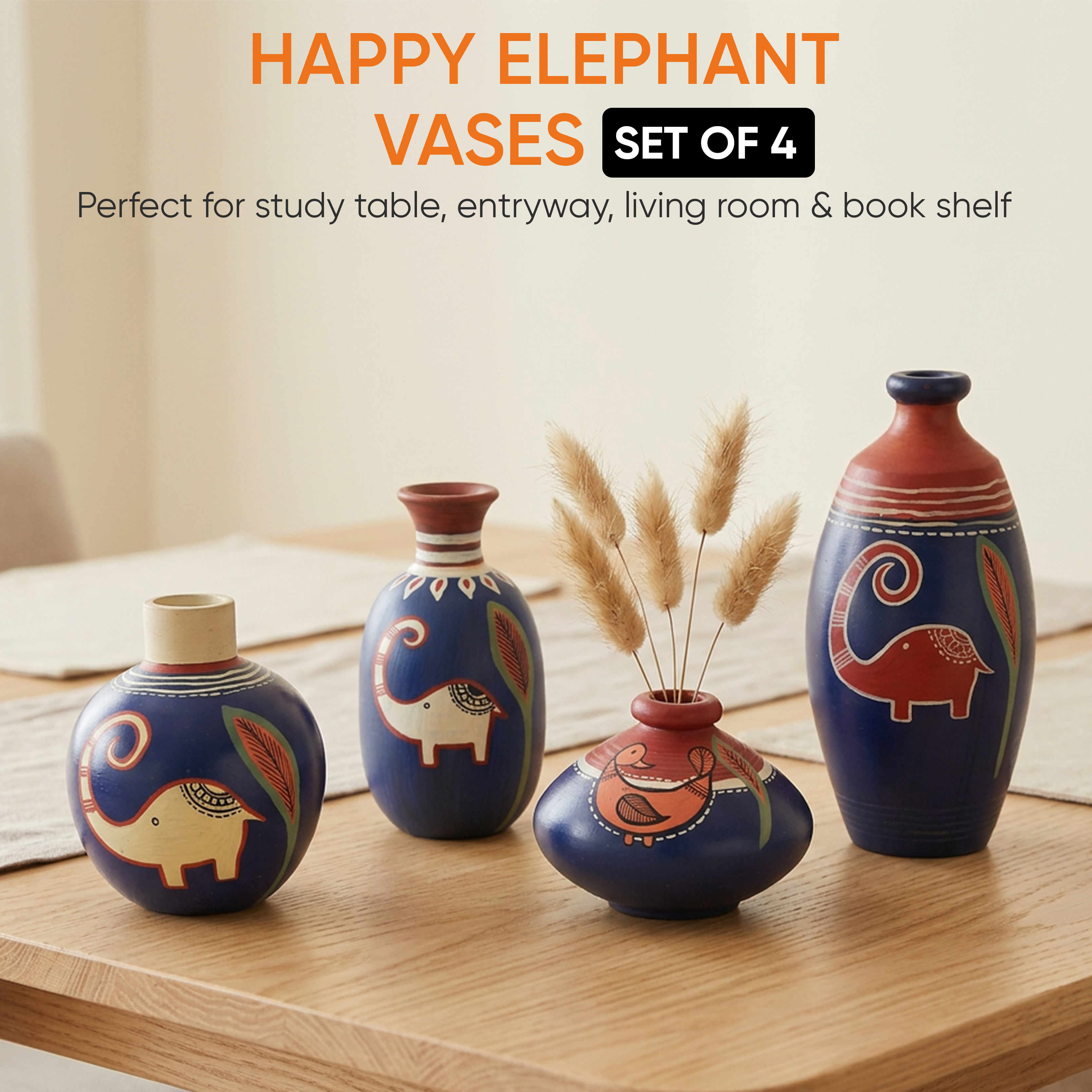 Happy Elephant Vases (So4) in Blue (5x2.5/4x3/2.5x2.5/6x3 HxDia)