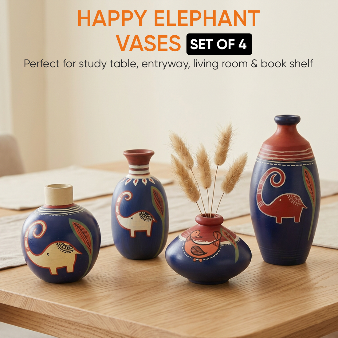 Happy Elephant Vases (So4) in Blue (5x2.5/4x3/2.5x2.5/6x3 HxDia)