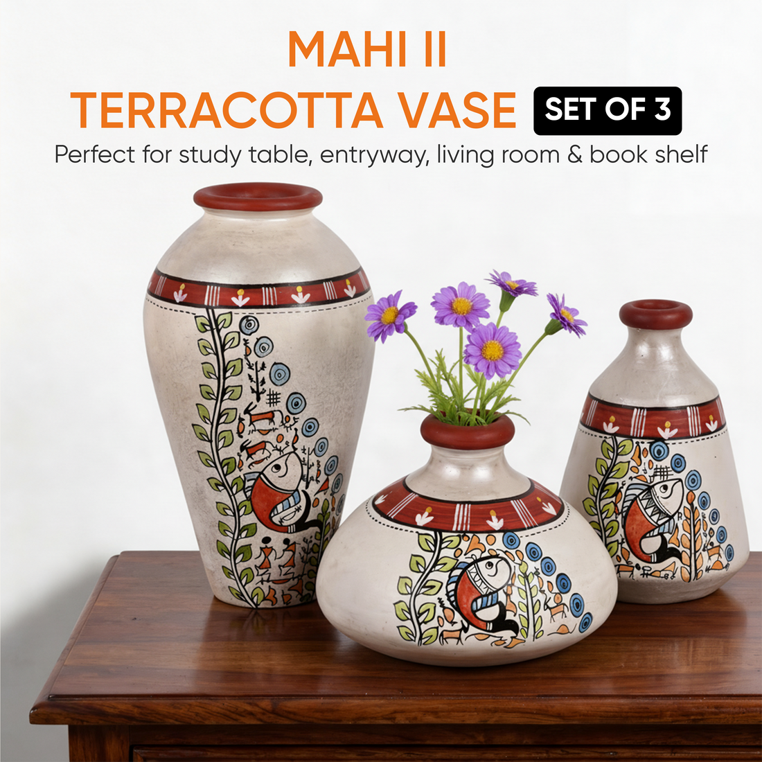 Vase Earthen Miniatures White Madhubani (Set of 3) 4.4/3/6