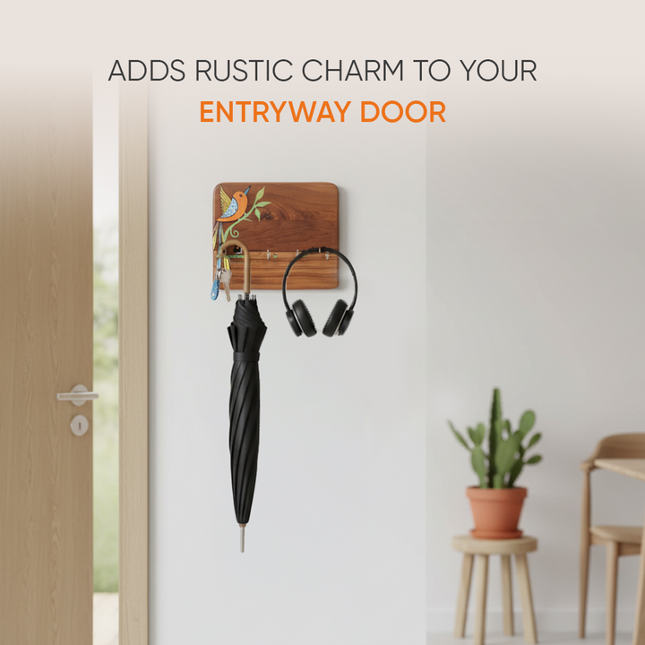 Kyoku Hand Painted Wooden Key Holder, Wall Mounted Key Hanger with Colorful Bird Art for Home and Entrywaydecor