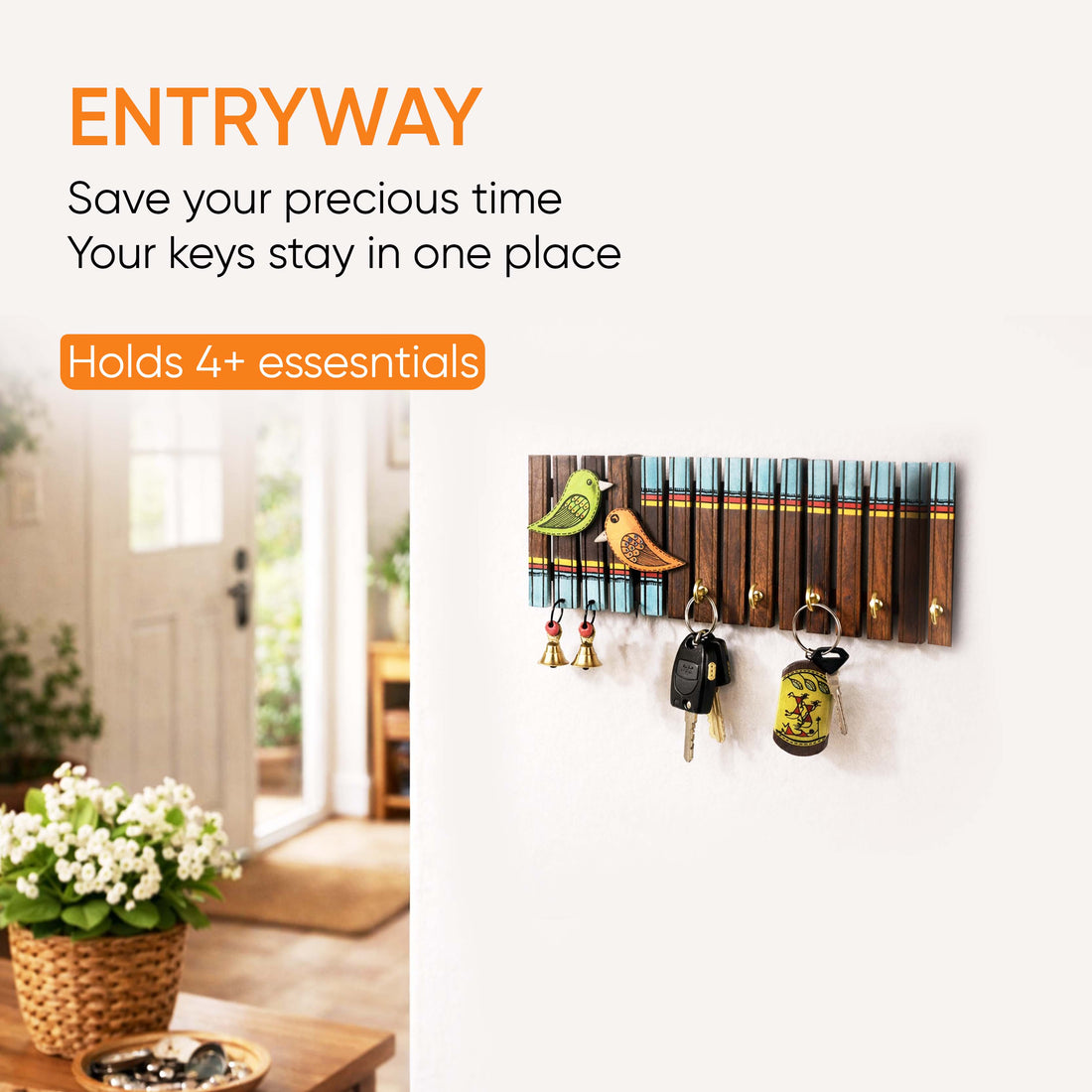 Key Holder Handcrafted Tribal Art Wooden Strips & birds 4 keys (12x1.4x5.4)