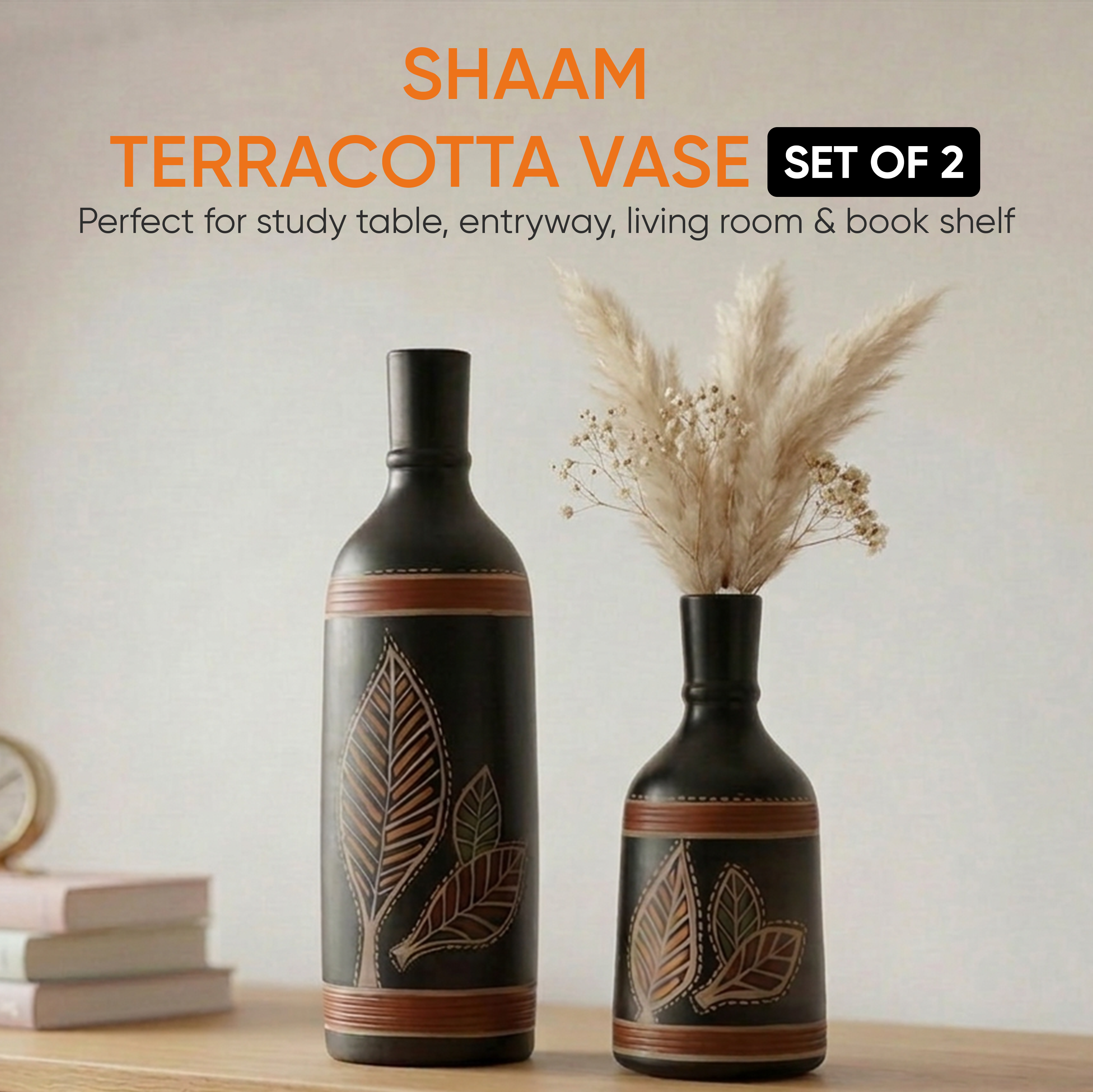Vase Earthen Black Bottle Madhubani (Set of 2) (9.4x3/6x3)