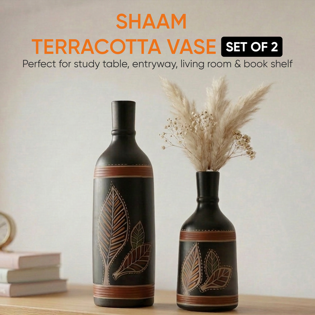 Vase Earthen Black Bottle Madhubani (Set of 2) (9.4x3/6x3)