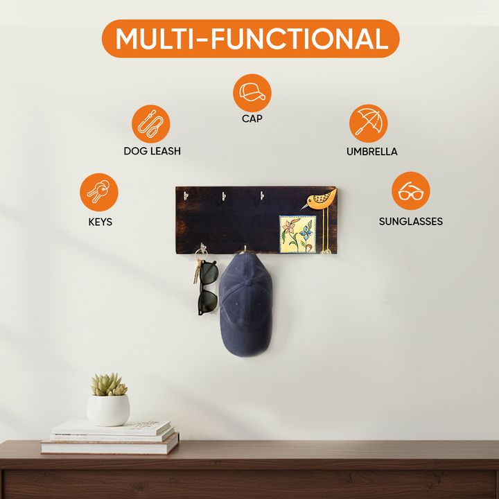 Rio Hand Painted Wooden Key Holder, Horizontal Wall Mounted Key Hanger with Bird and Floral Art for Entryway and Homedecor