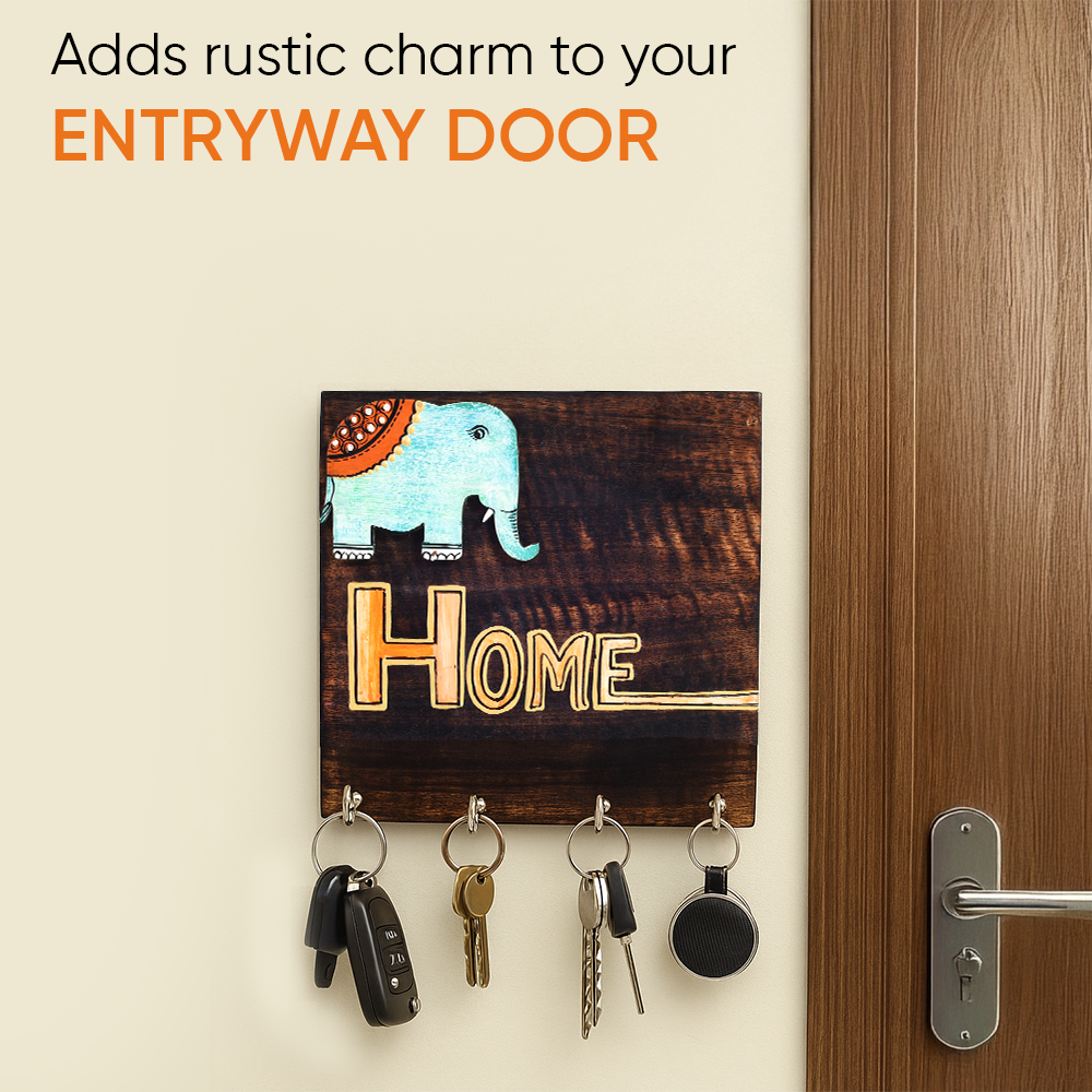 Hola Wooden Key Holder with Hand Painted Elephant and HOME Design, Wall Mounted Key Organizer for Homedecor