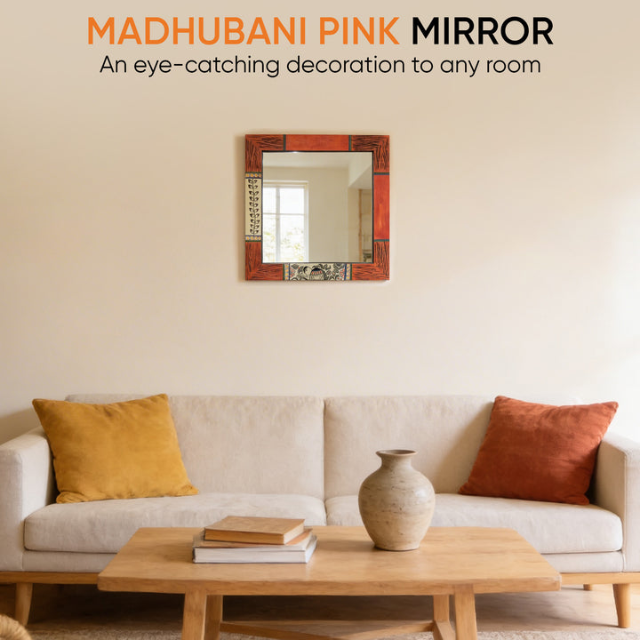 Mirror Handcrafted Madhubani Pink Design (13x13)