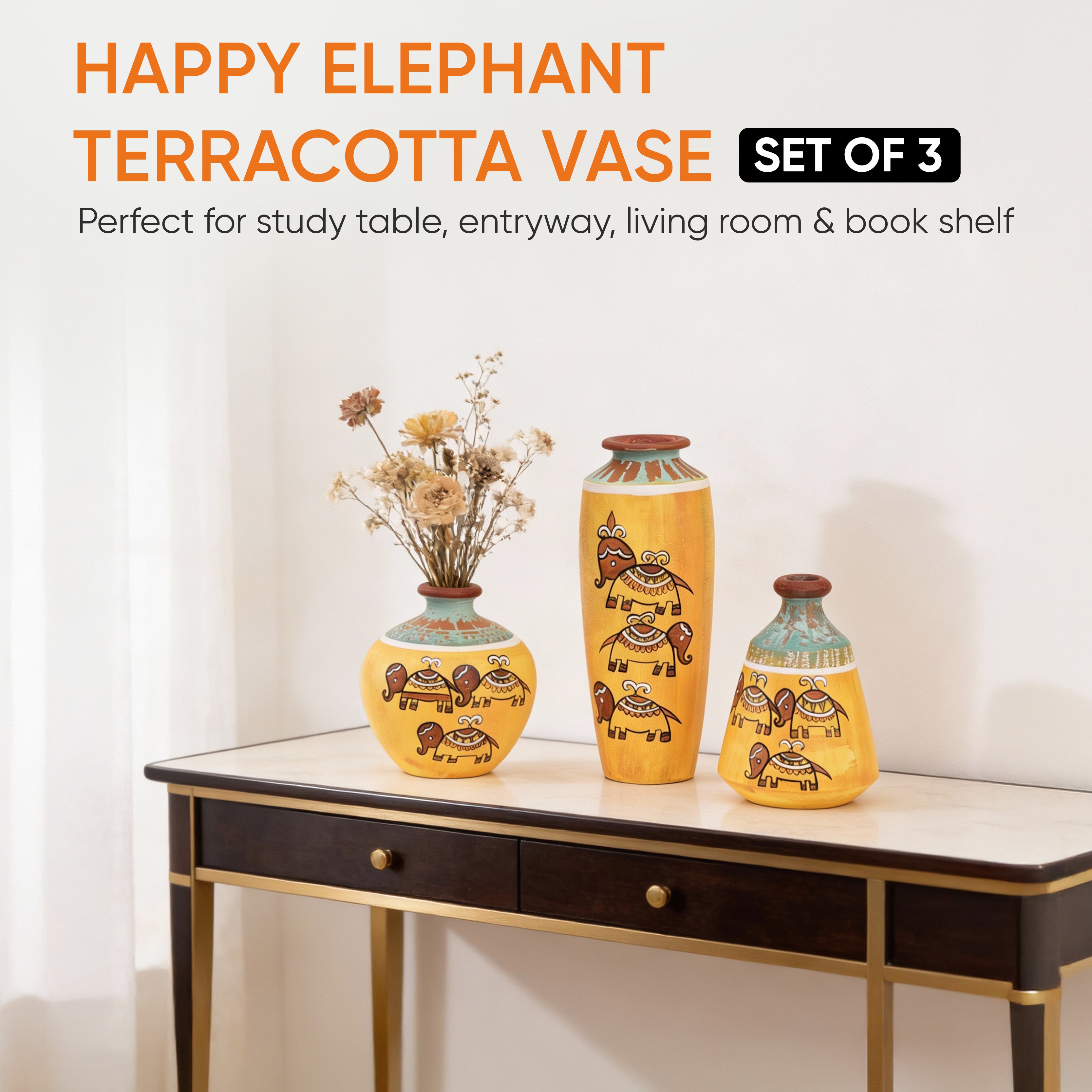 Happy Elephant Terracotta Vase So3 (6x3/4.5x3.5/4x4 HxDia)