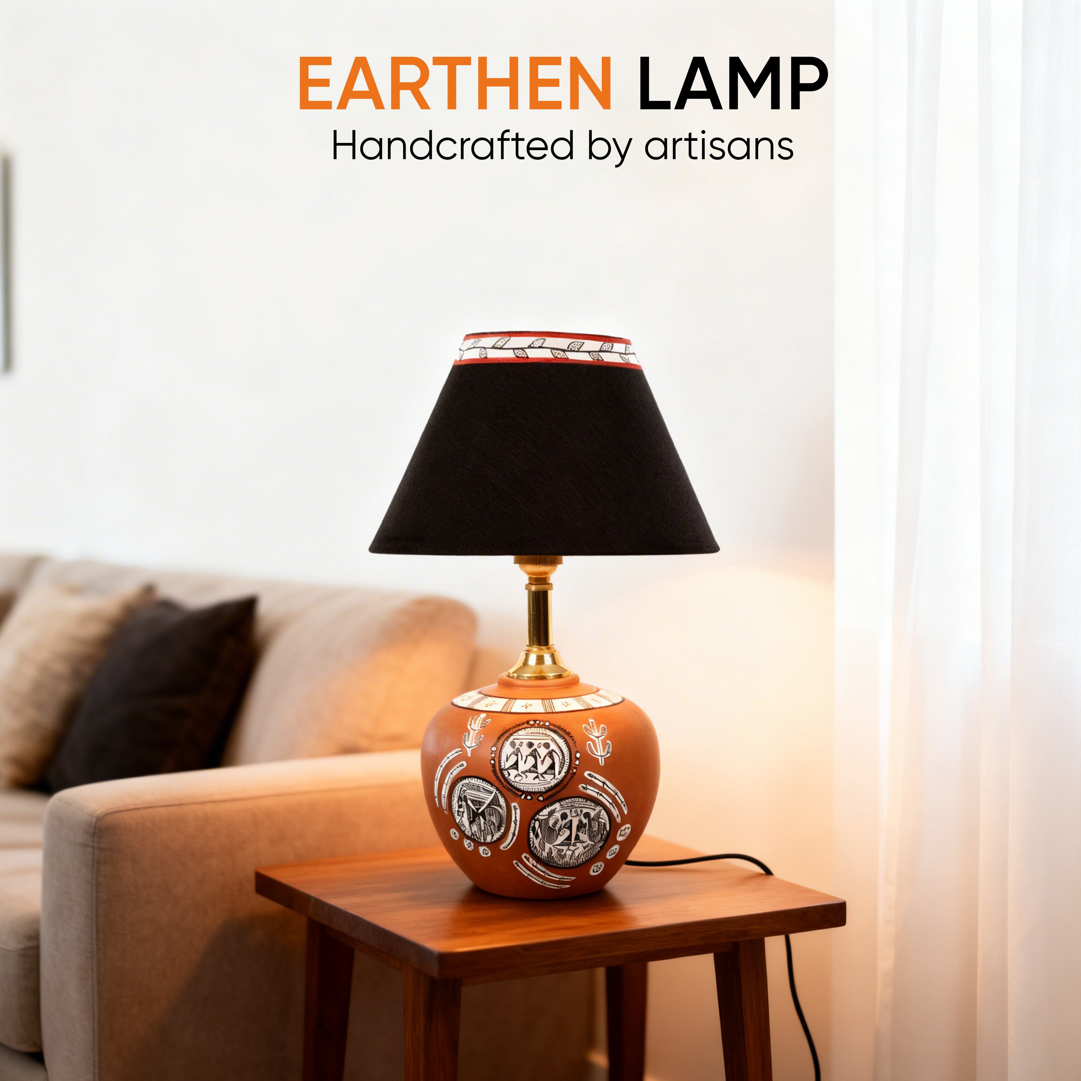 Table Lamp Terracotta Earthen Handcrafted with Black Shade (8.5x5")
