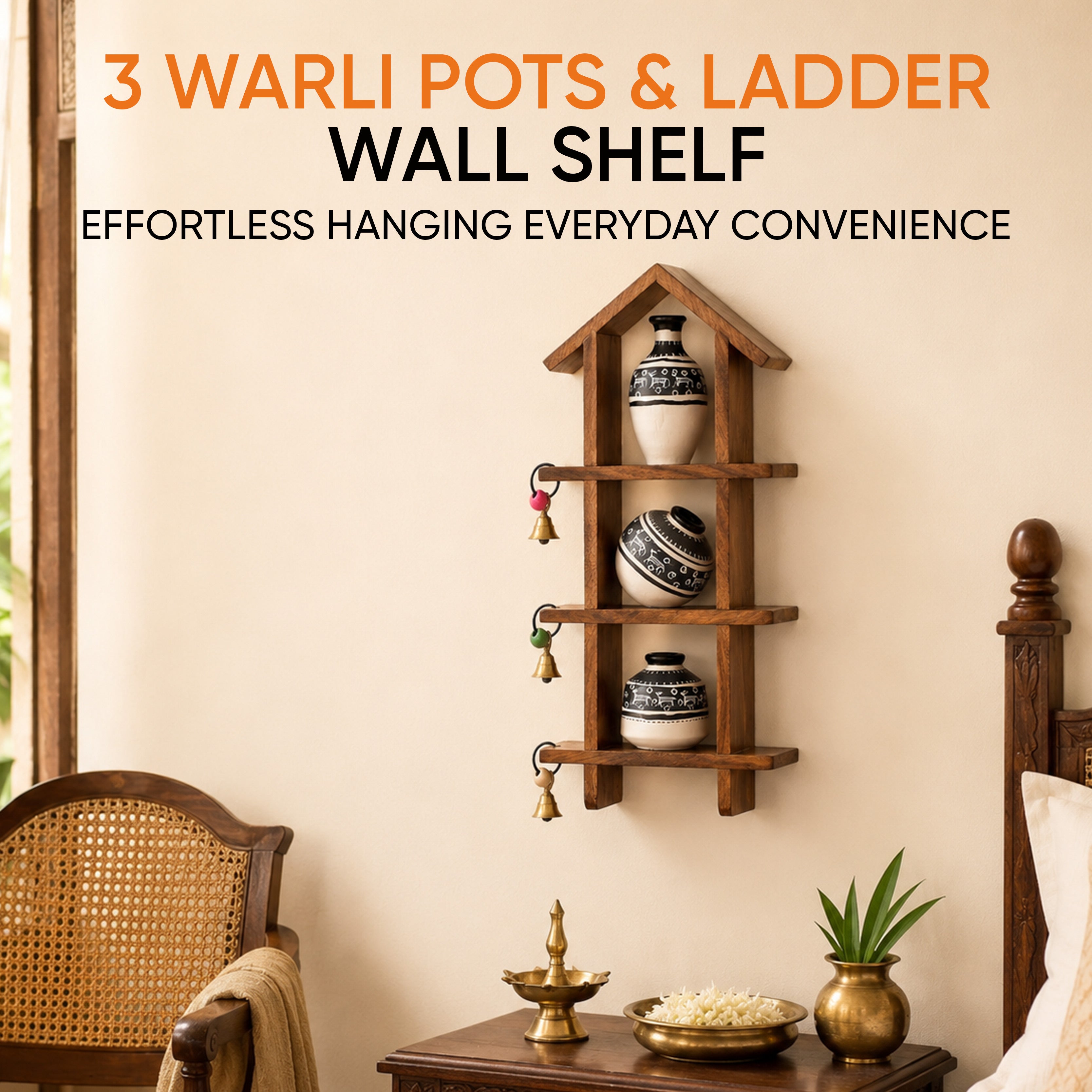 Wall Decor Ladder & 3 Handcrafted Warli White Pots (6x2x13)