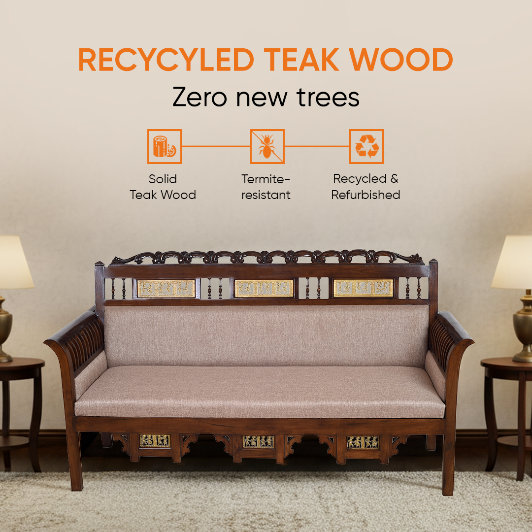 Maharaja Three Seater Sofa in Teakwood with Walnut Finish adorned with Dhokra Brass Frames