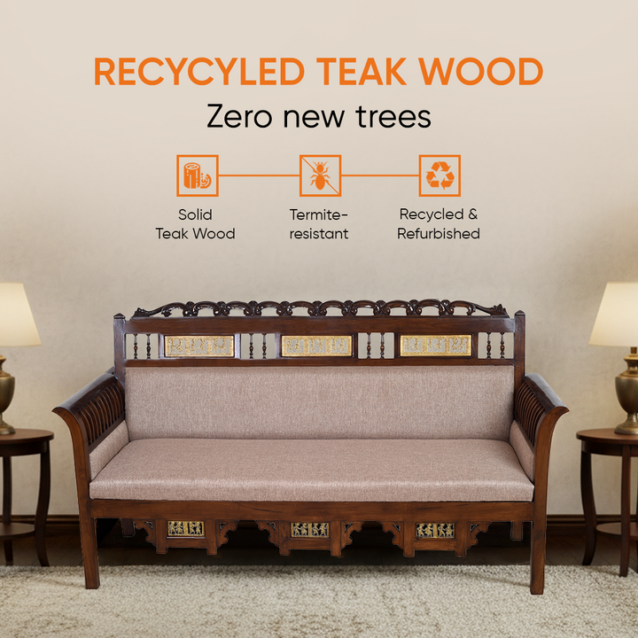 Maharaja Three Seater Sofa in Teakwood with Walnut Finish adorned with Dhokra Brass Frames