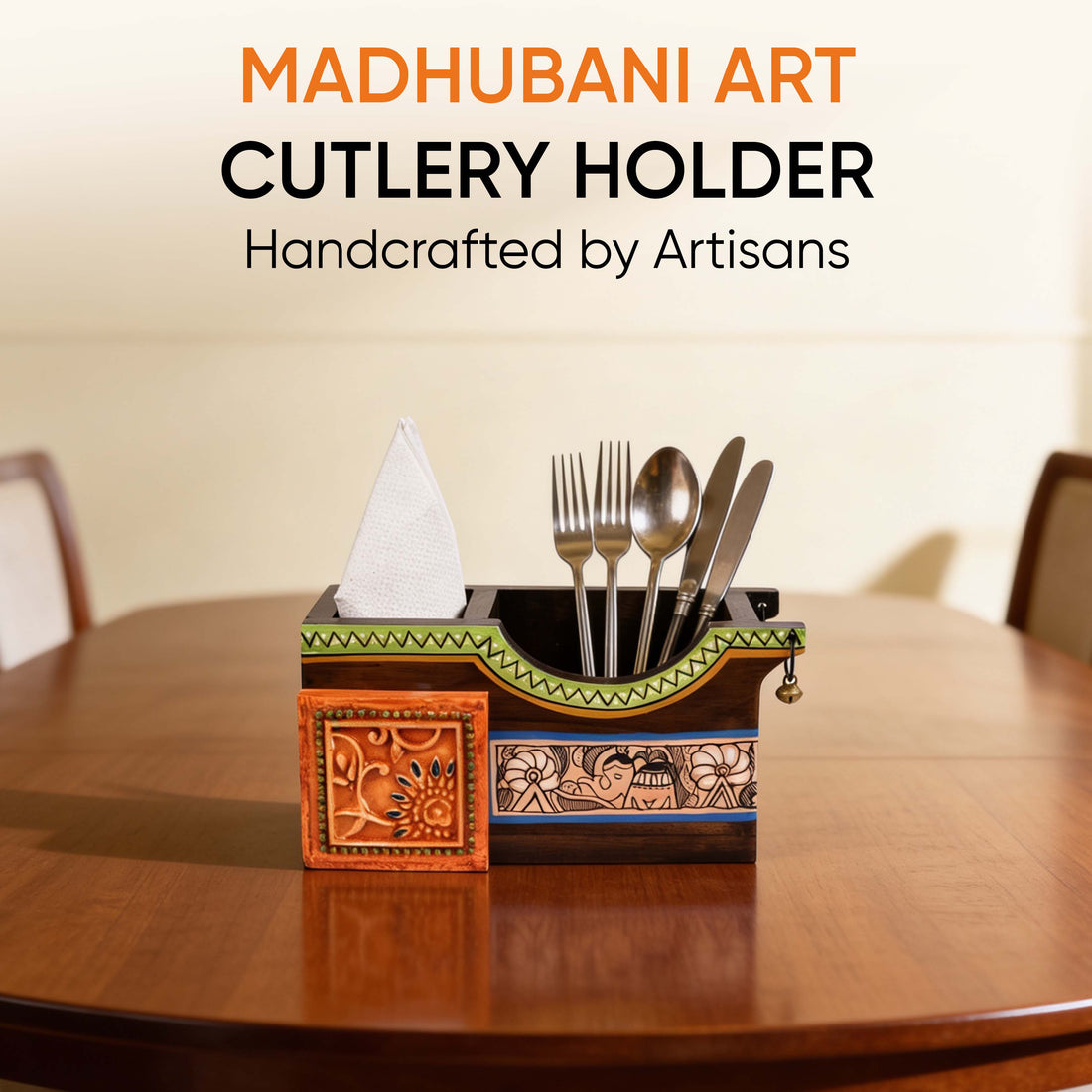 Cutlery Holder Handcrafted in Wood with Madhubani Art (8x3.5x4")