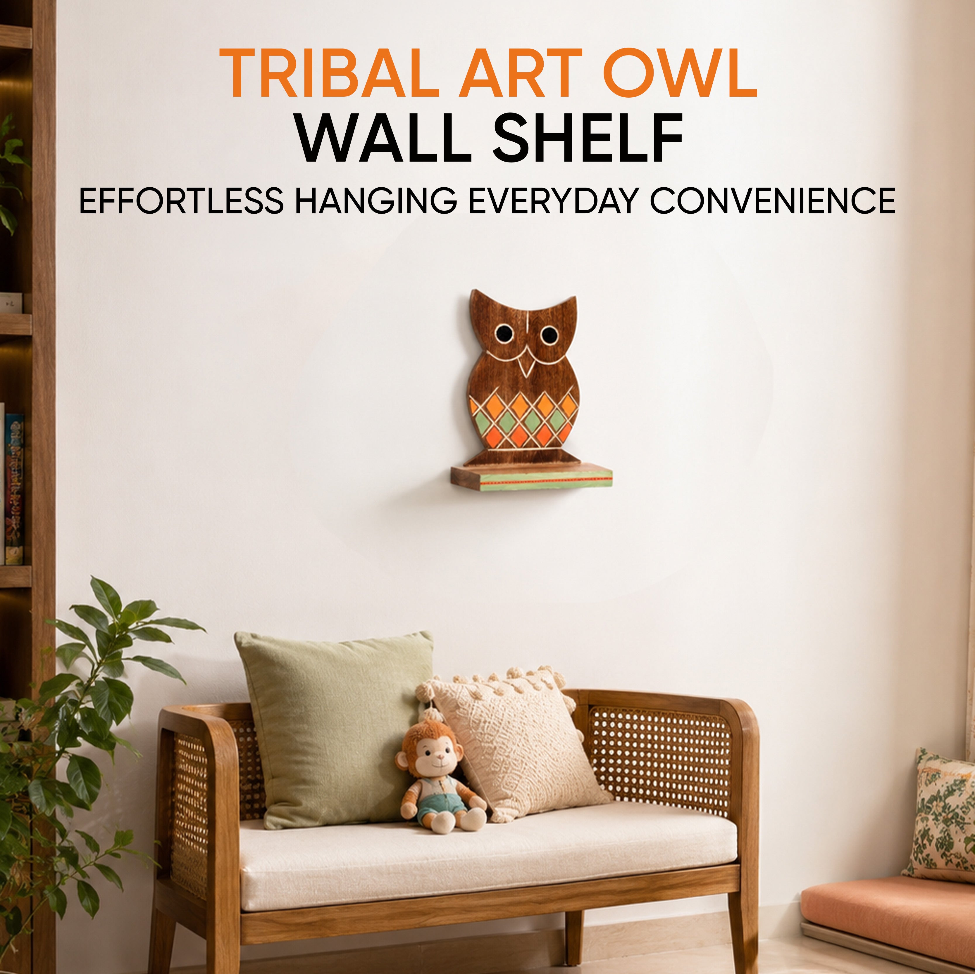Wall Decor Handcrafted Wooden Tribal Art Owl Shelf (6.5x4x9.2)