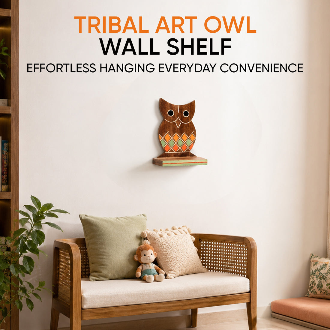 Wall Decor Handcrafted Wooden Tribal Art Owl Shelf (6.5x4x9.2)