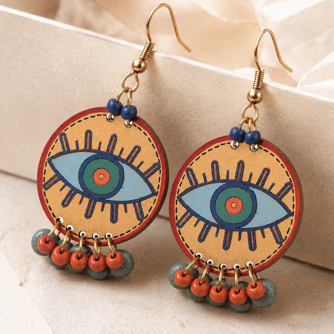 Evil Eye-II' Handcrafted Tribal Wooden Earrings