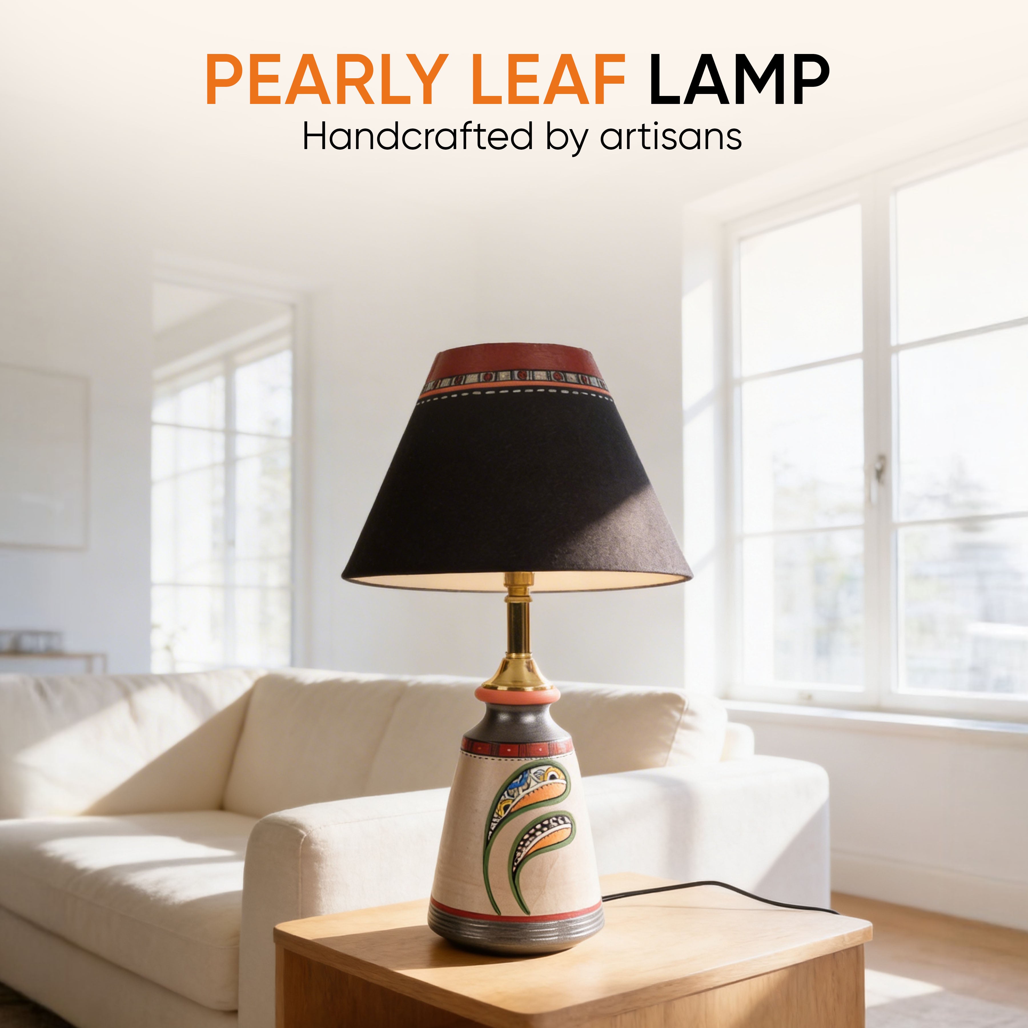 Pearly Leaf Earthen Lamp with Black Shade (16x4.1")