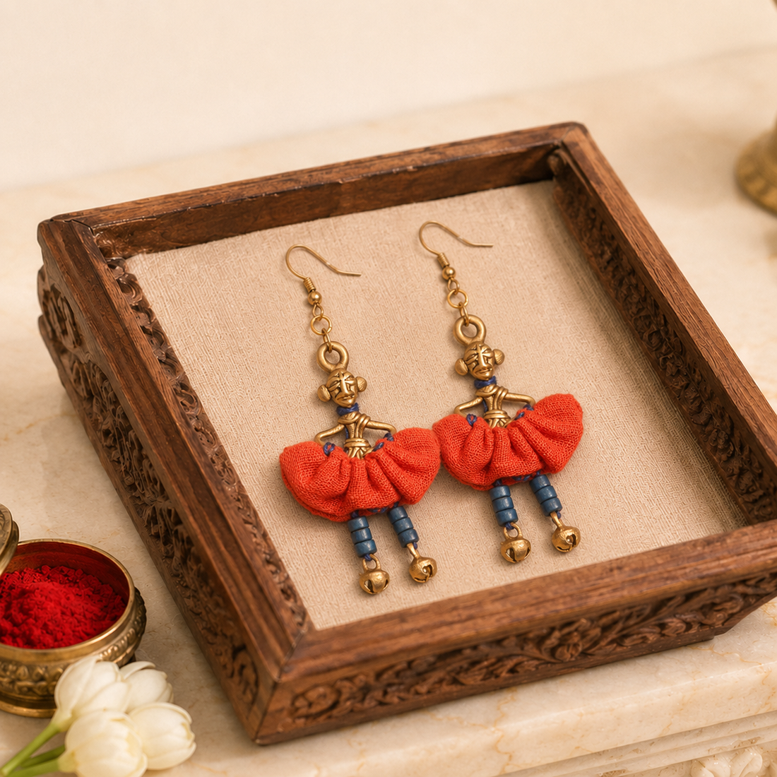 The Dancing Empress Handcrafted Tribal Dhokra Earrings in Garnet Red