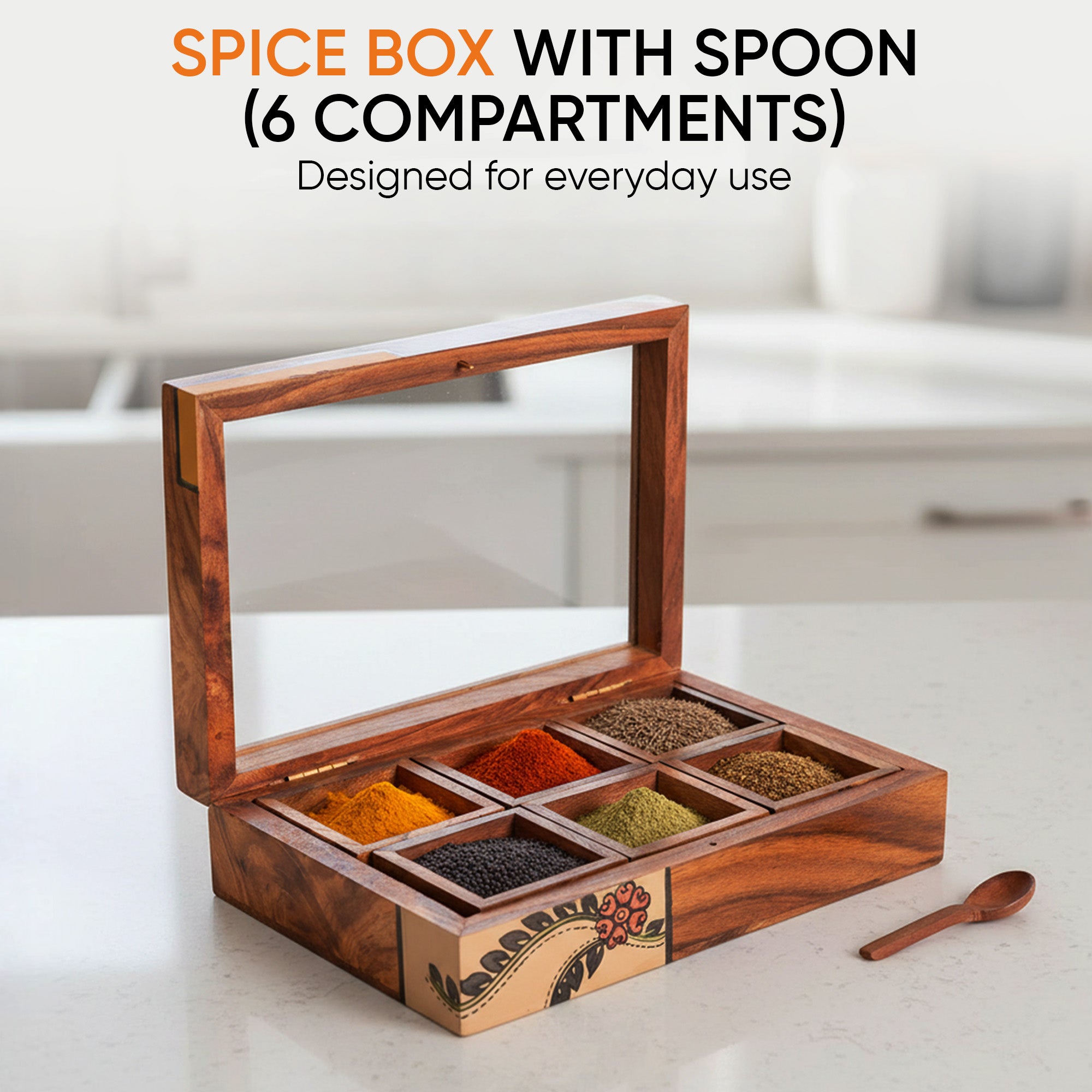 Spice Box Handcrafted Tribal Art 6 slot Wooden with Spoon (8x6x2)
