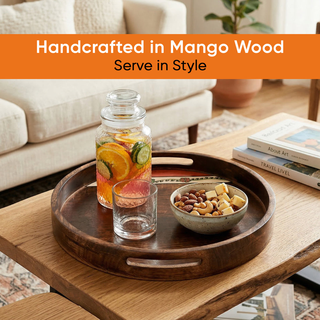 Tray Round shape Handpainted with Flower Motifs Handcrafted in Mango Wood (12x12")