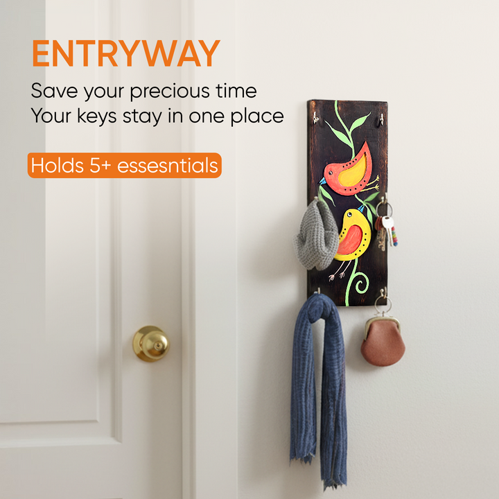 Ini Mini Hand Painted Wooden Key Holder, Vertical Wall Mounted Key Hanger with Twin Bird Design for Homedecor