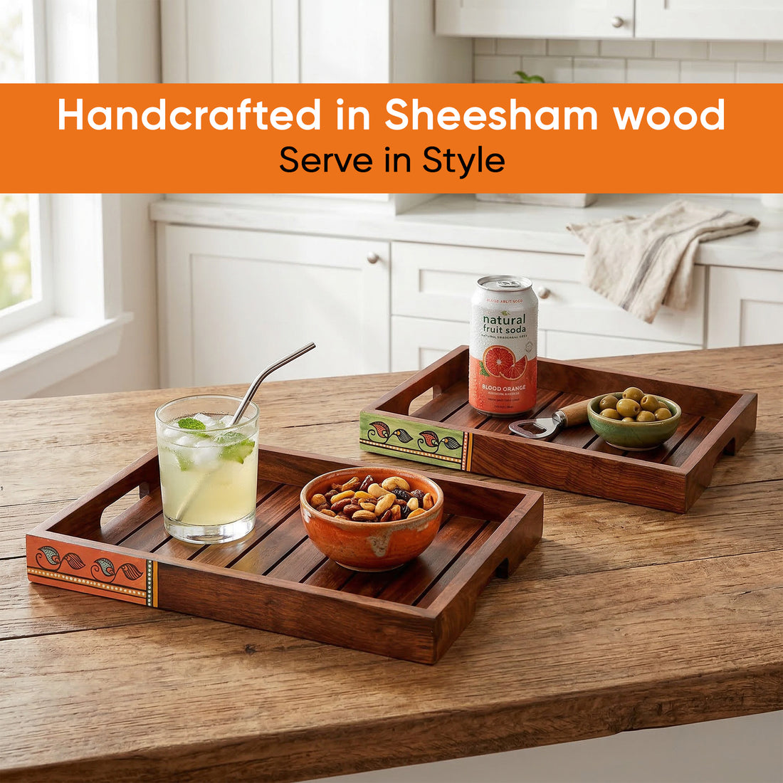 Trays with Madhubani Art Handcrafted in RoseWood (set of 2) (14x10/12x8.4")