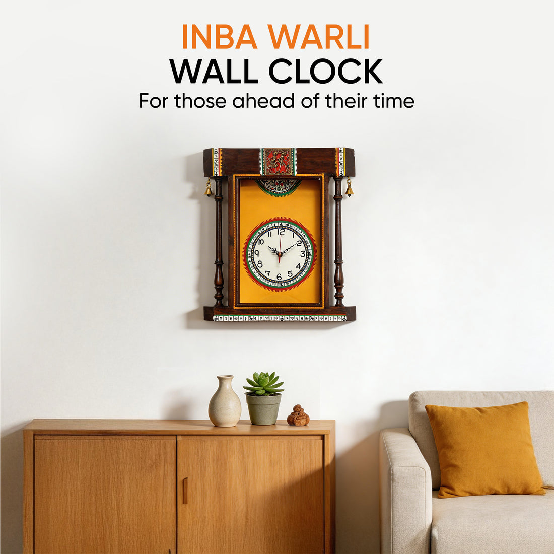 Wall Clock Handcrafted Warli Art Yellow Dial with Glass Frame (14x16)