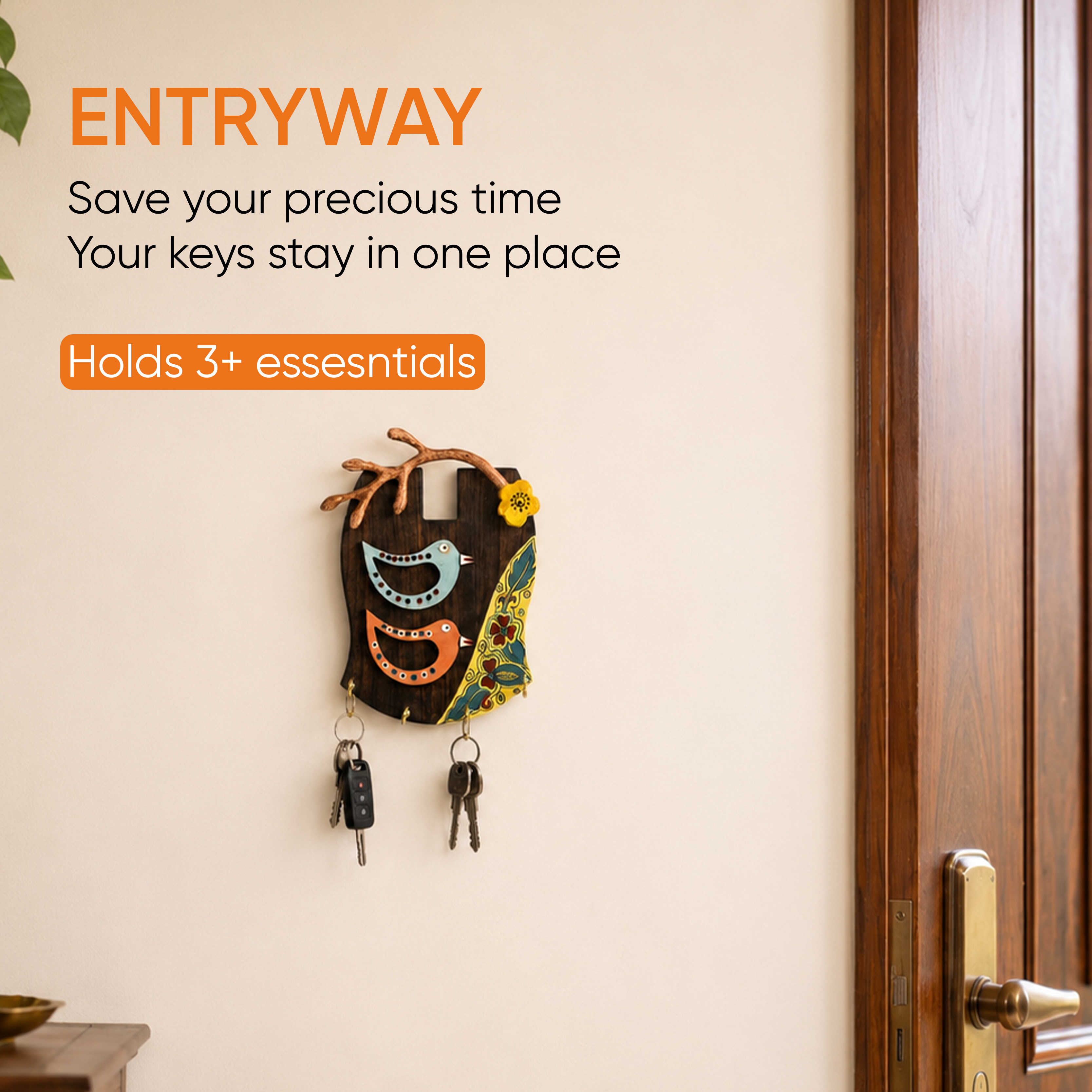 Key Holder Handcrafted Tribal Art Bird Theme 4 keys (7.5x2x10)