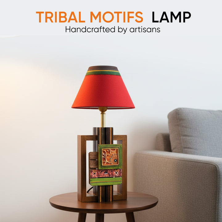 Table Lamp Handcrafted in Wood with Tribal Motifs & White Shade (6x4x12.5")