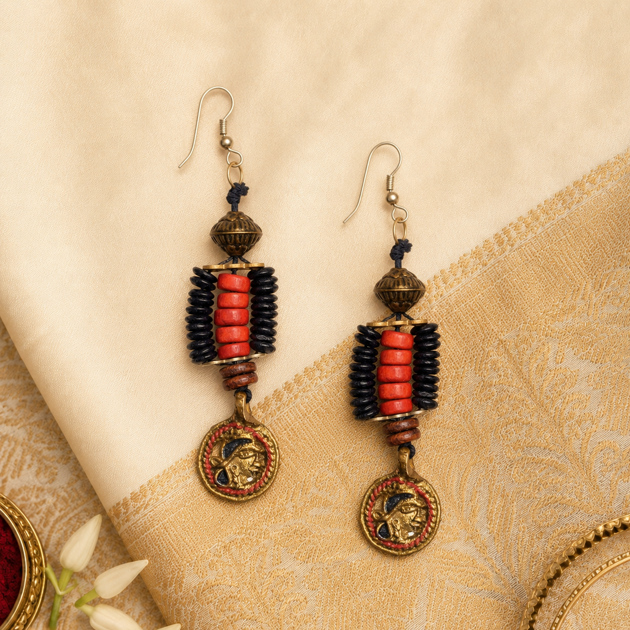 Boho Beauty: Handcrafted Wooden Beaded Earrings with Hanging Brass