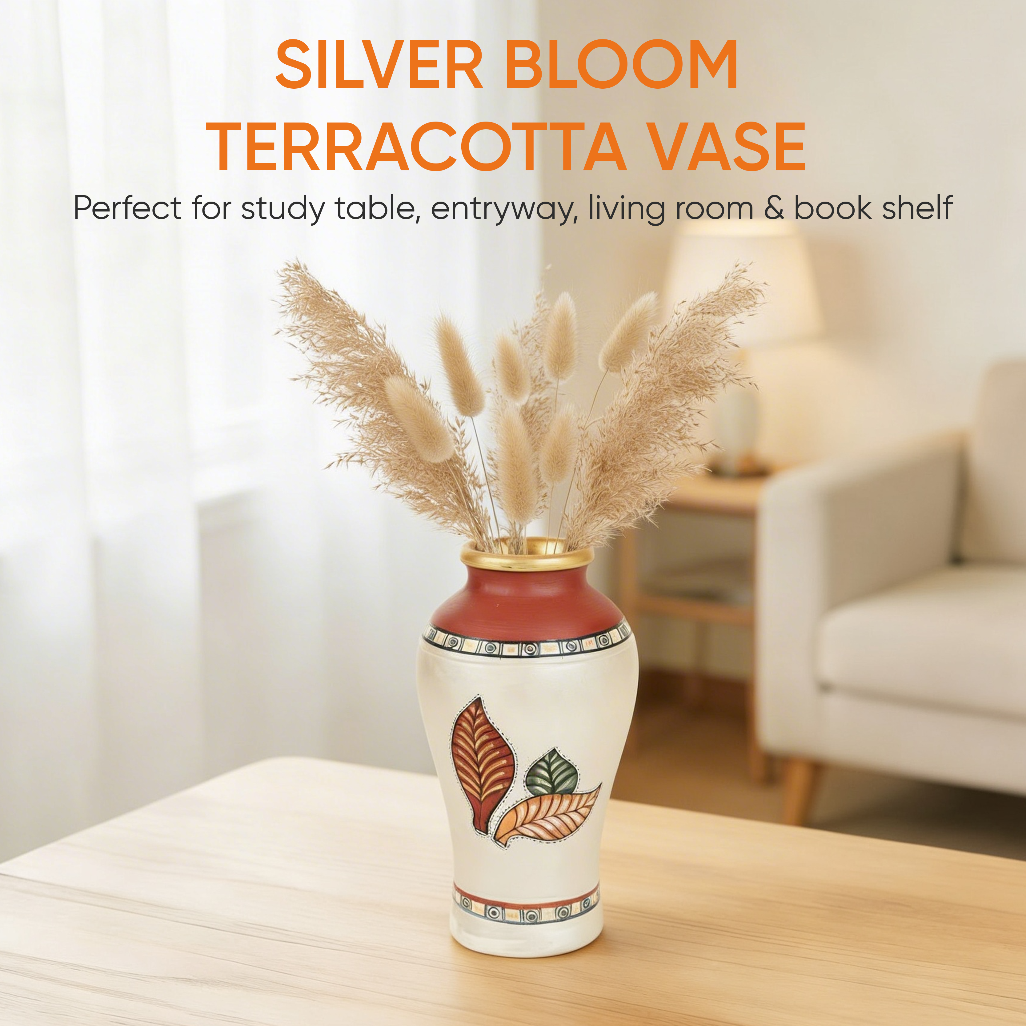 Silver Bloom Earthen Vase Handpainted in Tribal Art (9x5)