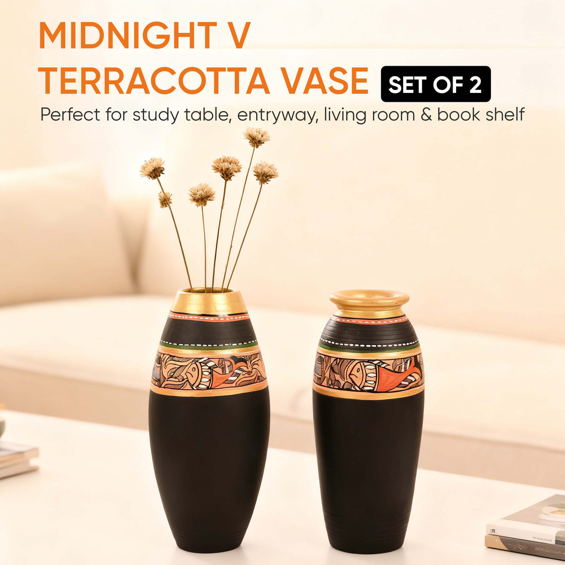 Vase Earthen Black Madhubani (Set of 2) (6.4x3/6x3)
