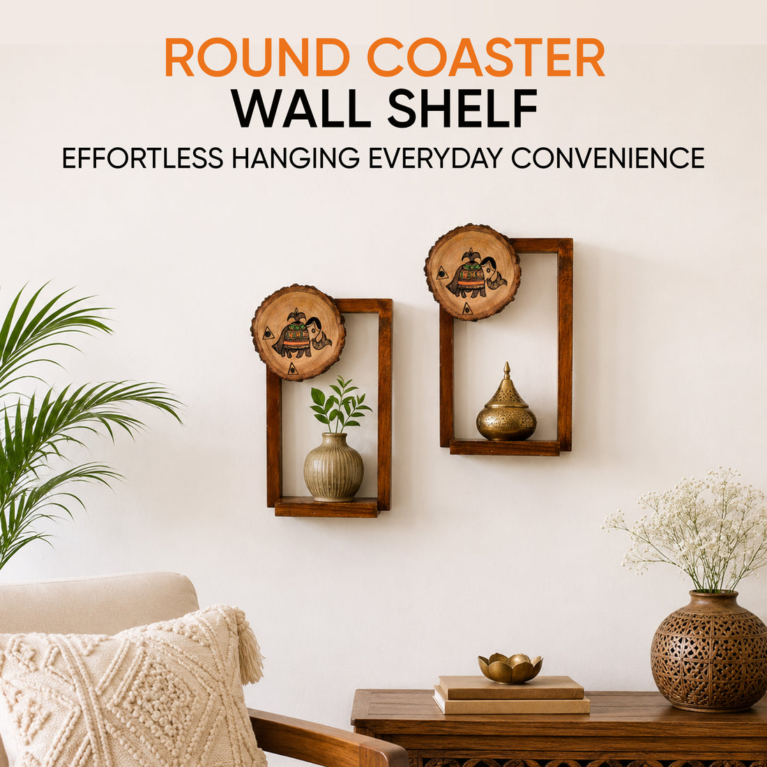 Wall Decor Round Coaster Handcrafted Wooden Shelves (Set of 2) (6x2.5x9)
