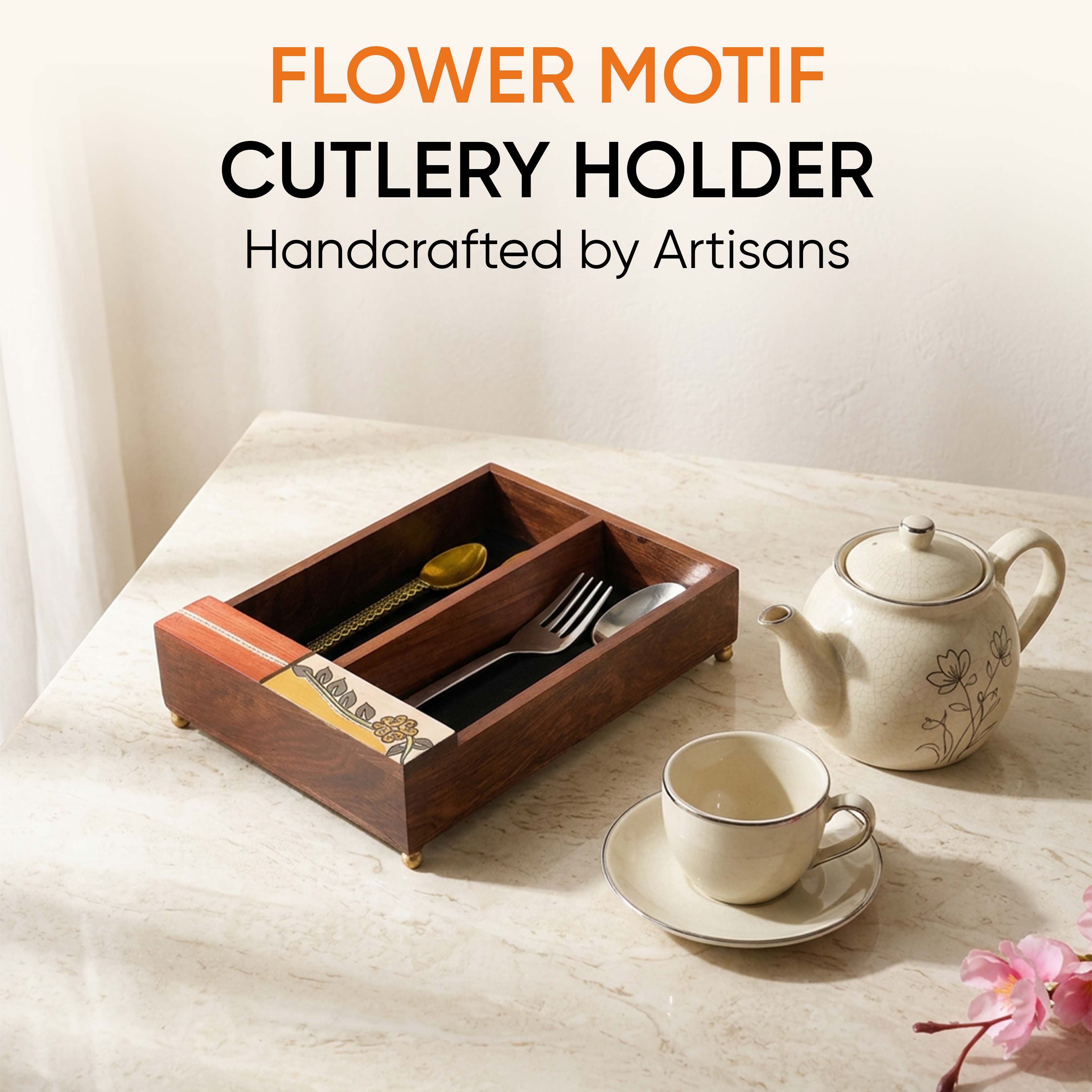Cutlery Holder Handcrafted in Wood with Flower Motif (9x7x2.2")