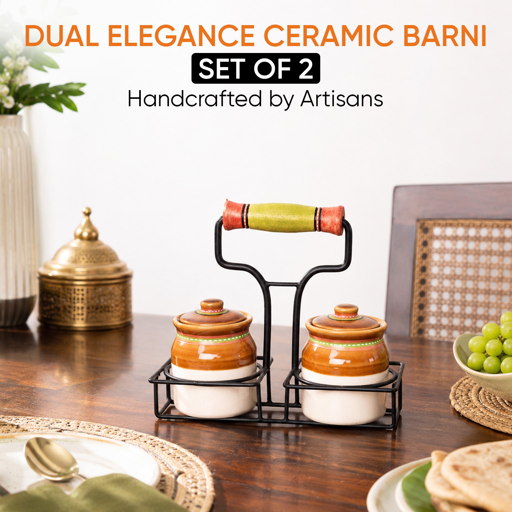 Dual Elegance Ceramic Barni with Metal Stand