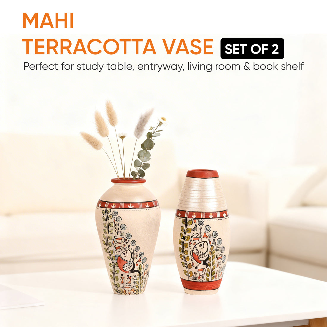 Vase Earthen White Madhubani (Set of 2) (6x3.4/6.4x3)
