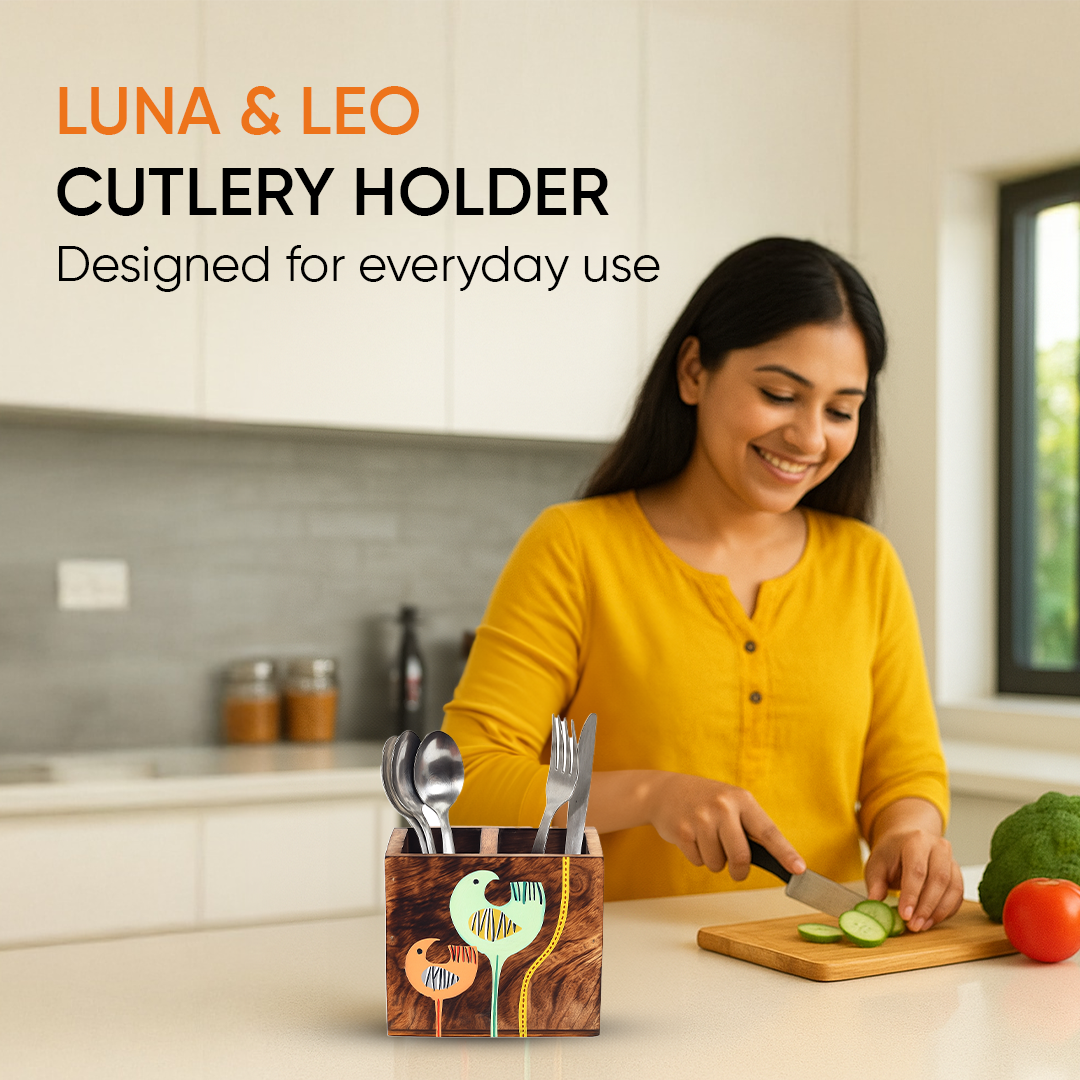 Luna & Leo Hand Painted Wooden Cutlery Holder, Stylish Organizer for Dining Table and Kitchen