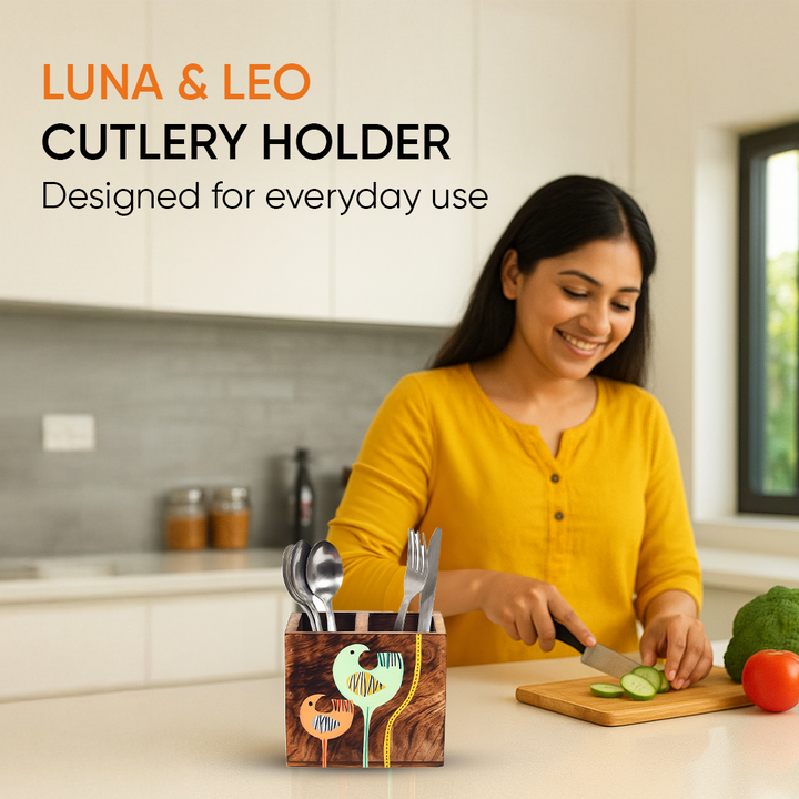 Luna & Leo Hand Painted Wooden Cutlery Holder, Stylish Organizer for Dining Table and Kitchen