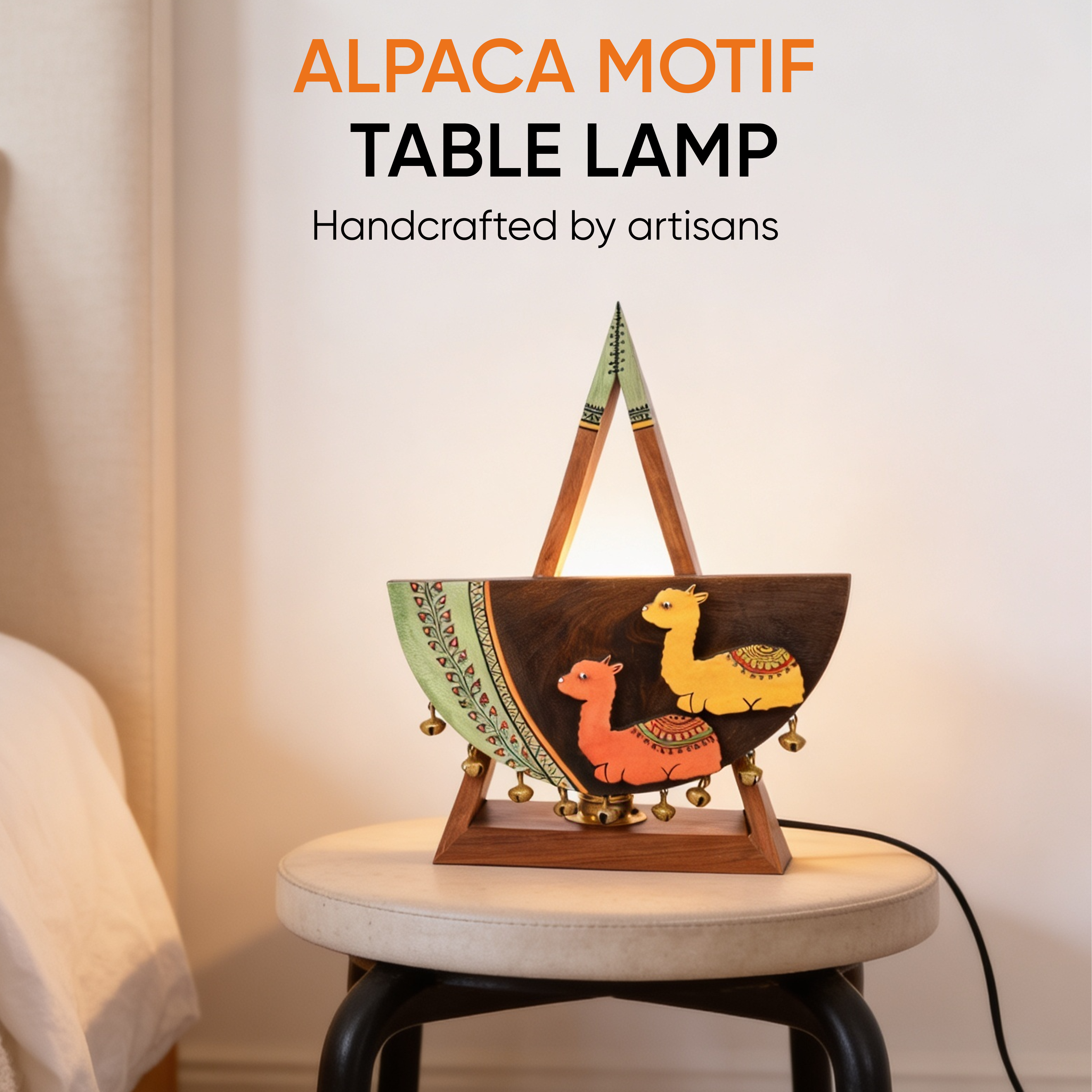 Table Lamp Handcrafted in Wood with Alpaca Motif (9.4x3.4x12")