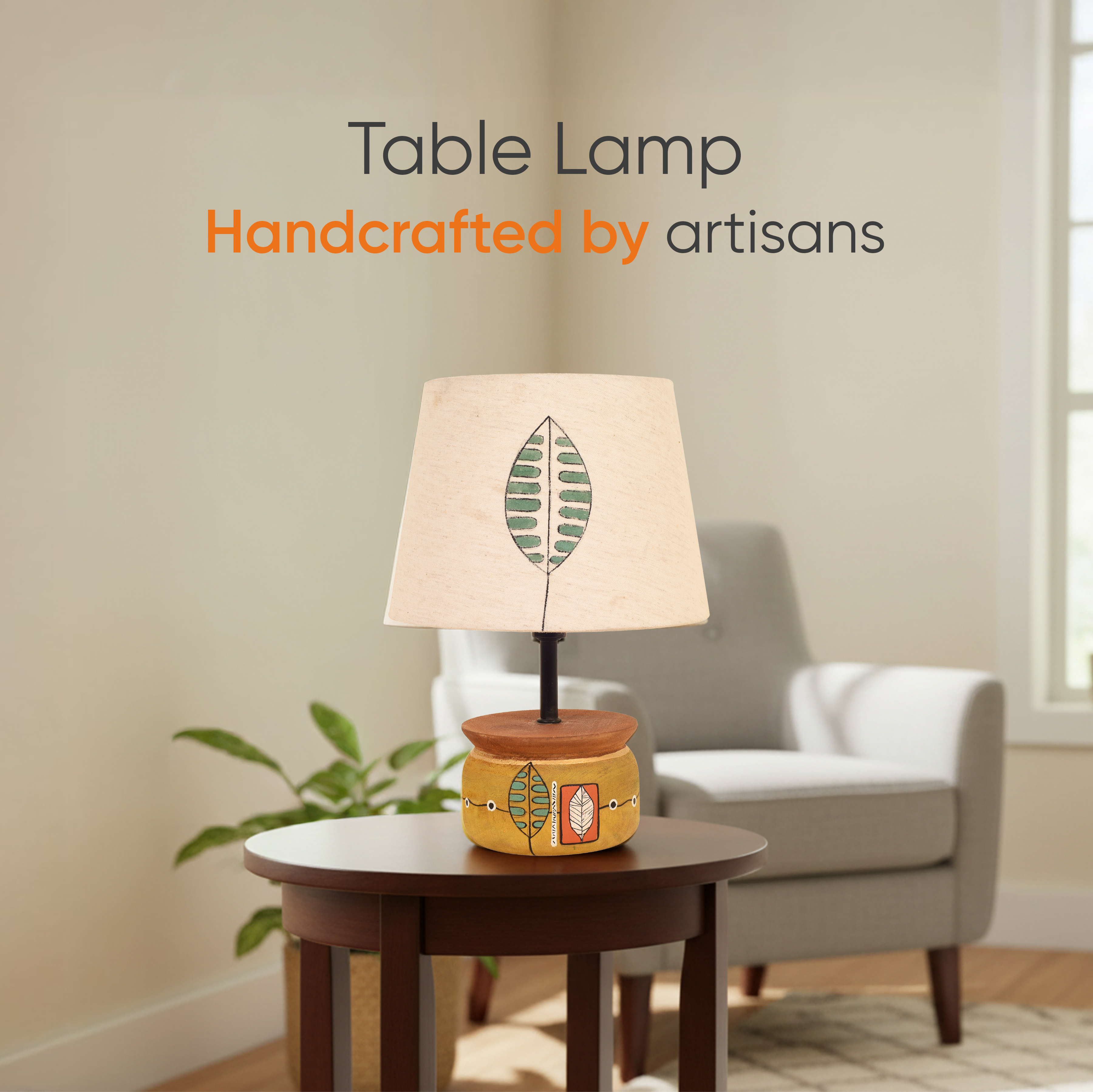 Handcrafted Wooden Table Lamp with Round Base and Fabric Shade, Decorative Bedside and Living Room Lighting