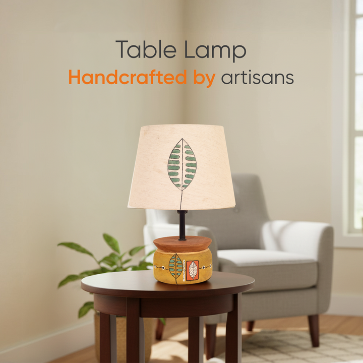 Handcrafted Wooden Table Lamp with Round Base and Fabric Shade, Decorative Bedside and Living Room Lighting