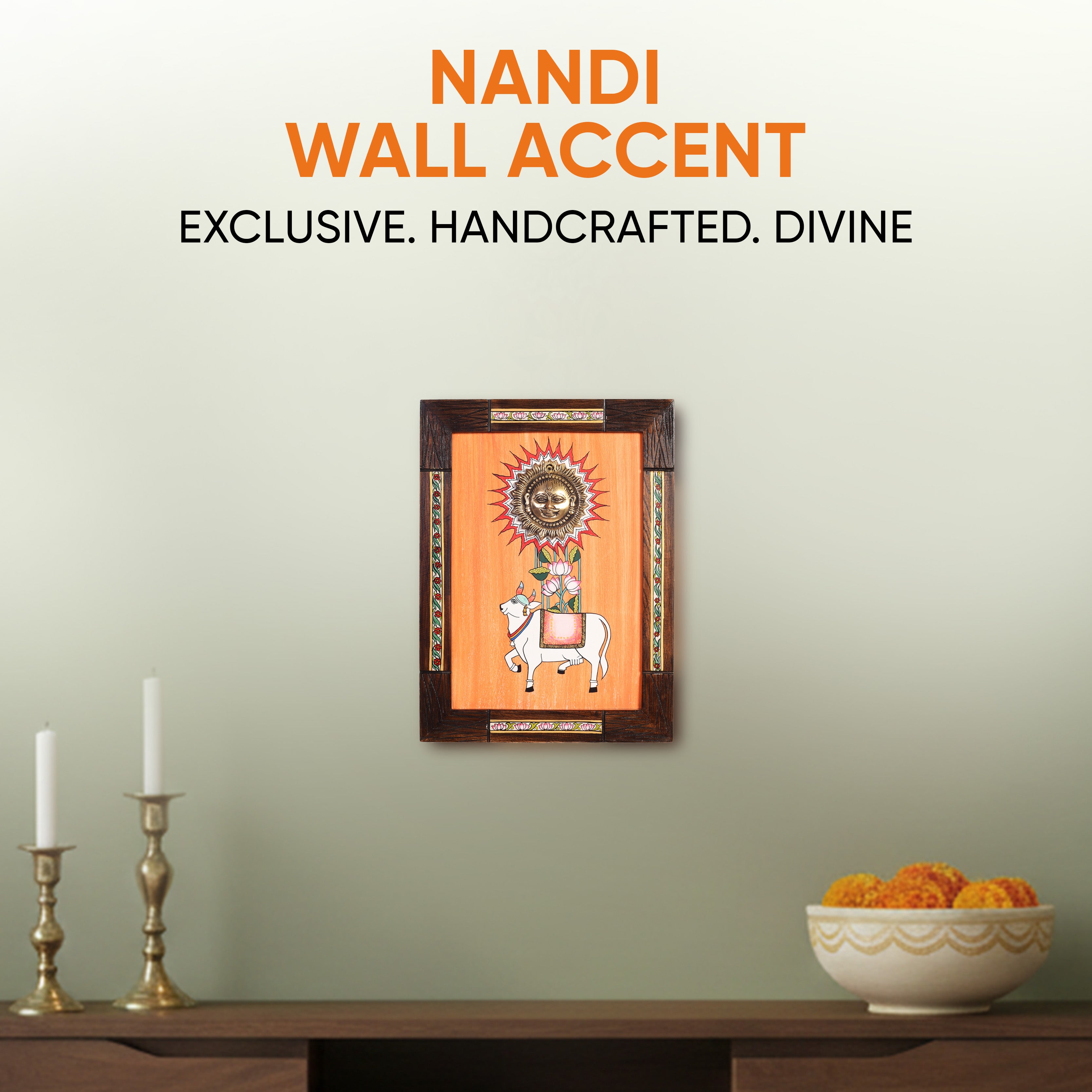 Nandi Wall Accent with beautiful painting of Nandi and Shiva in Brass in Backdrop