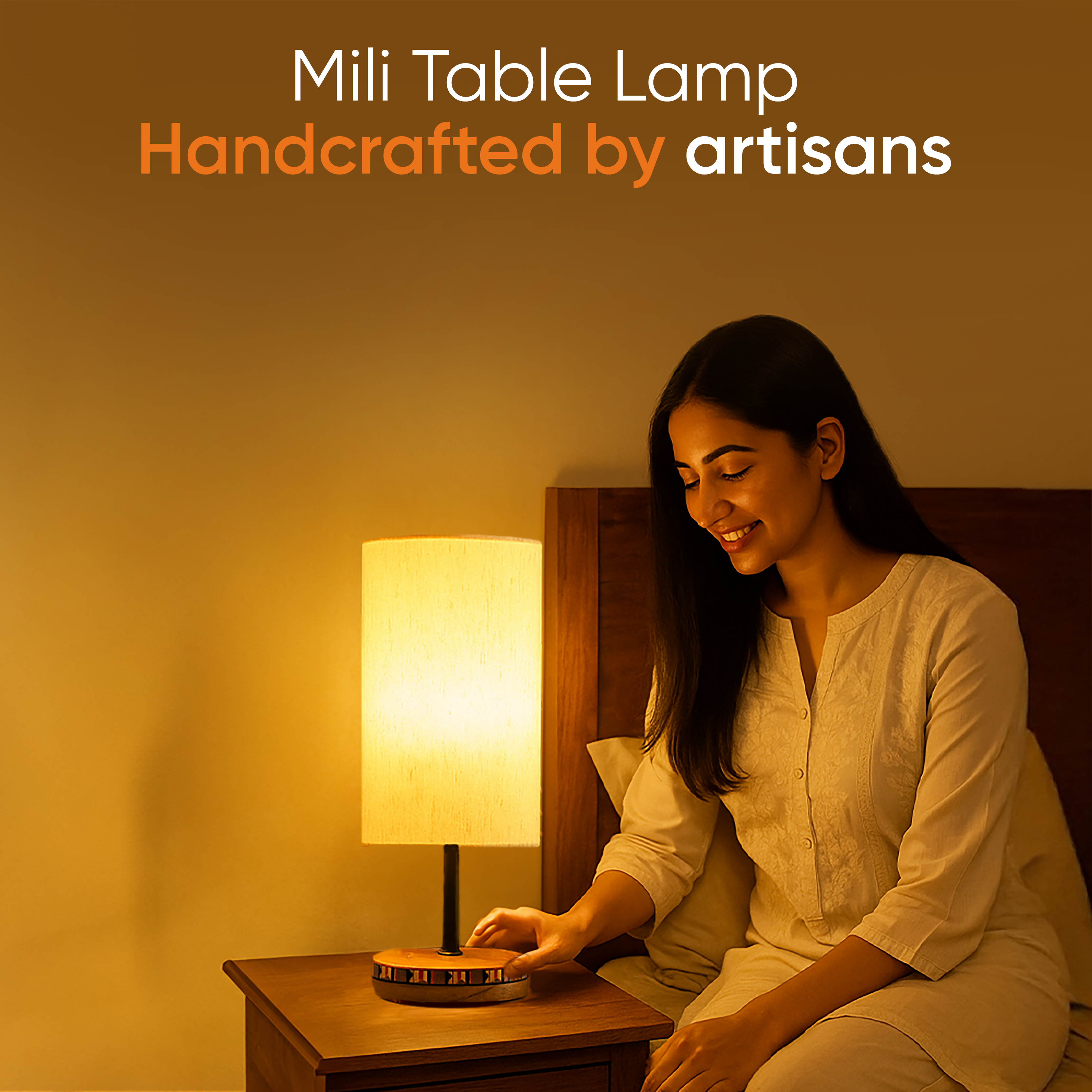 Handcrafted Wooden Table Lamp with Fabric Shade, Modern Bedside and Living Room Lighting