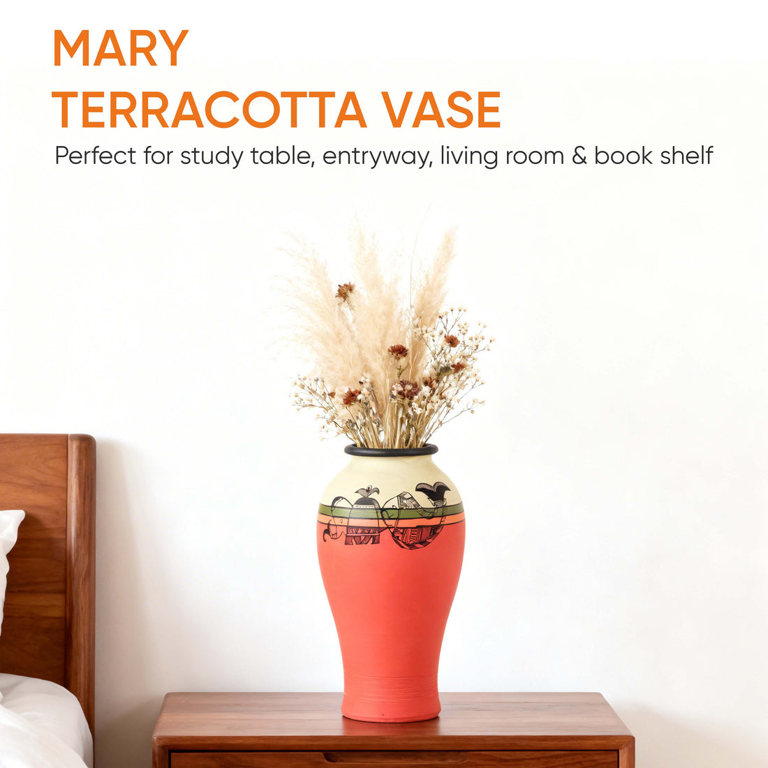 Carrot Red Earthen Vase with Madhubani Tattoo Art